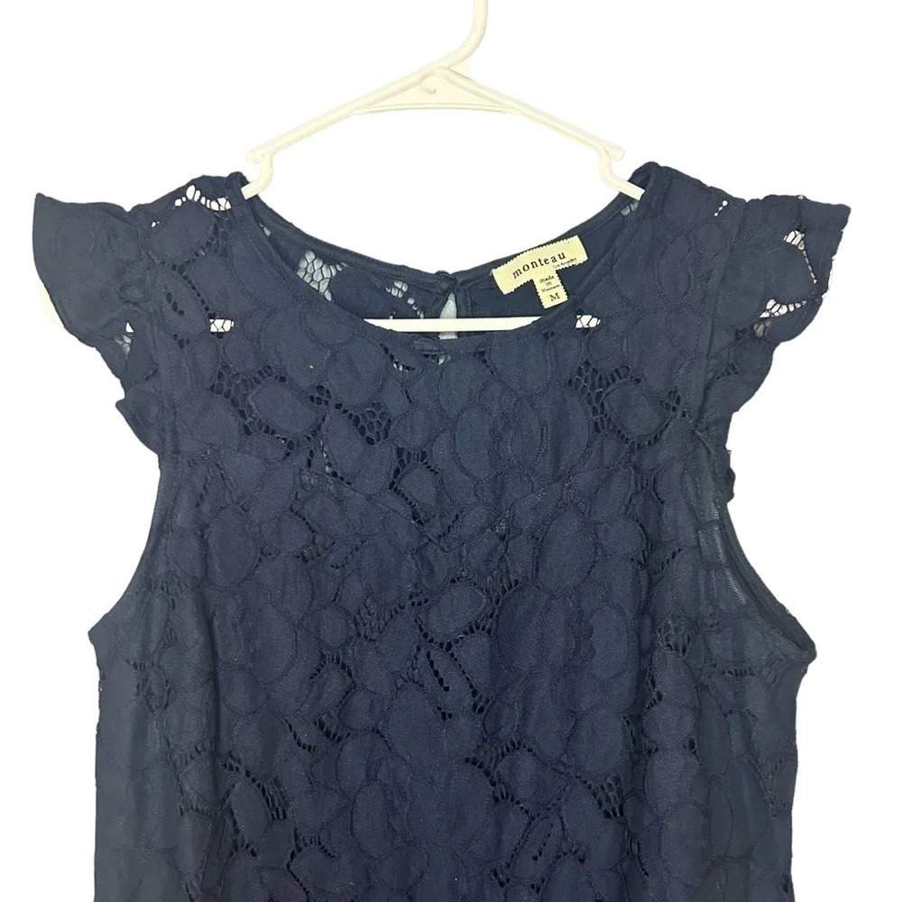 Monteau dress lace overlay flutter sleeve navy blue women’s size medium - Picture 8 of 10